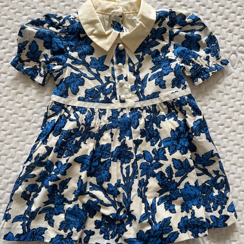 Janie and Jack Cream Dress with Royal Blue Floral Print